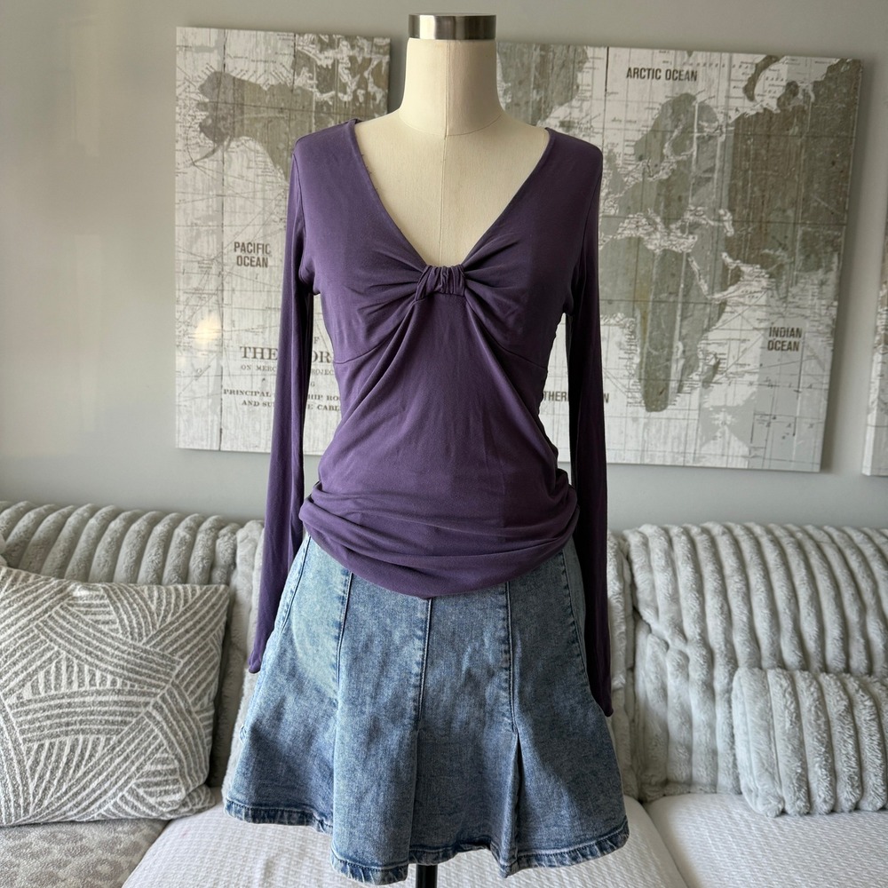 Basic Threads Purple Long Sleeve Twist Front Lettuce Hem Top Women S Babydoll